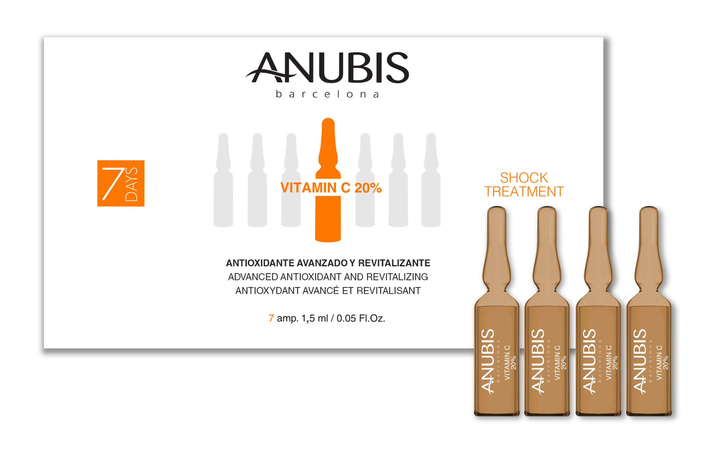 Tratament SOC 7 zile, anti-imbatranire si antioxidant - ANUBIS 7 Days Vitamin C 20%  7 fiole x 1,5 ml